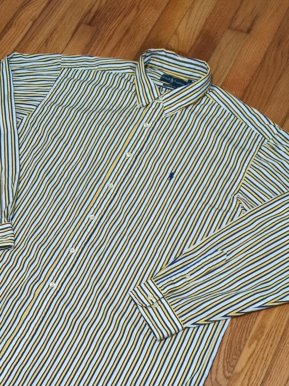 VTG Ralph Lauren Long-Sleeve Striped Dress Shirt XXL in Navy & Yellow
